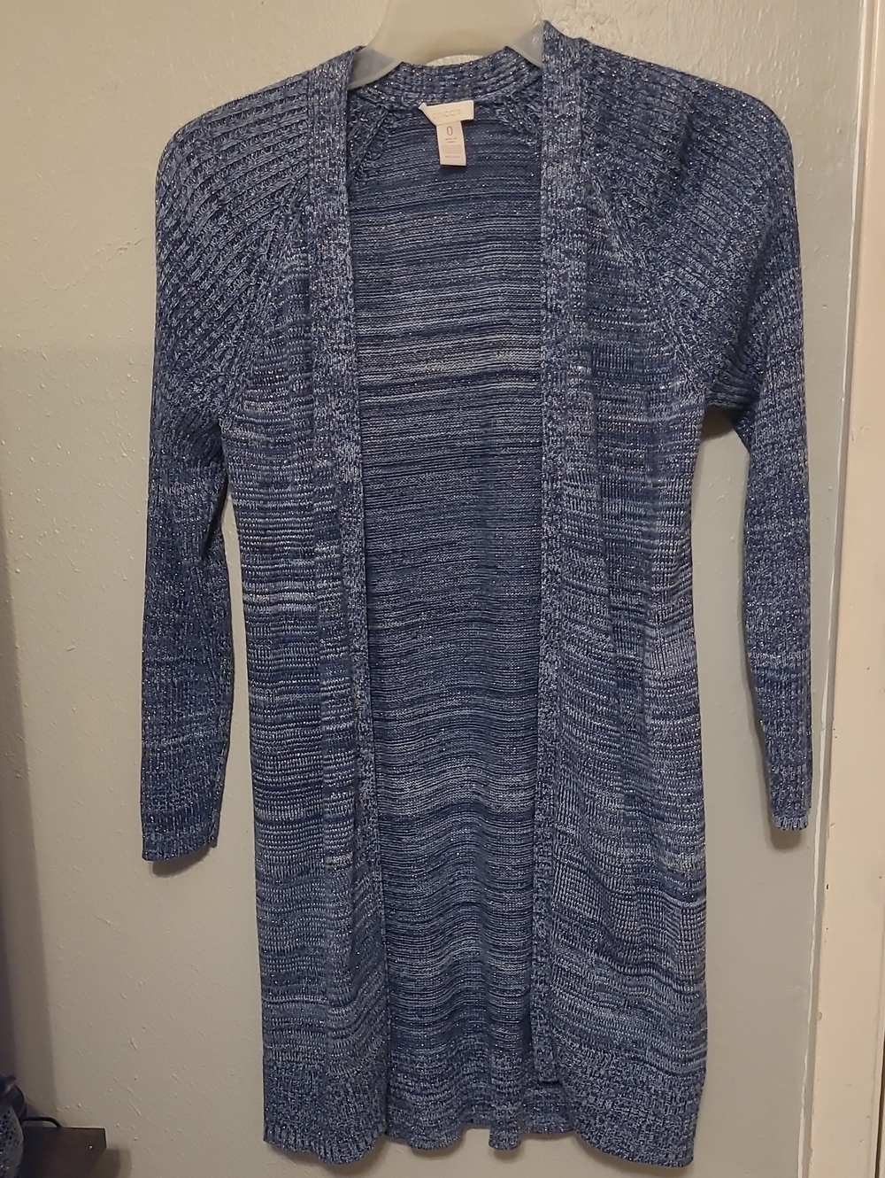 Chico's Blue Metallic Silver Cassia Open-Front Cardigan